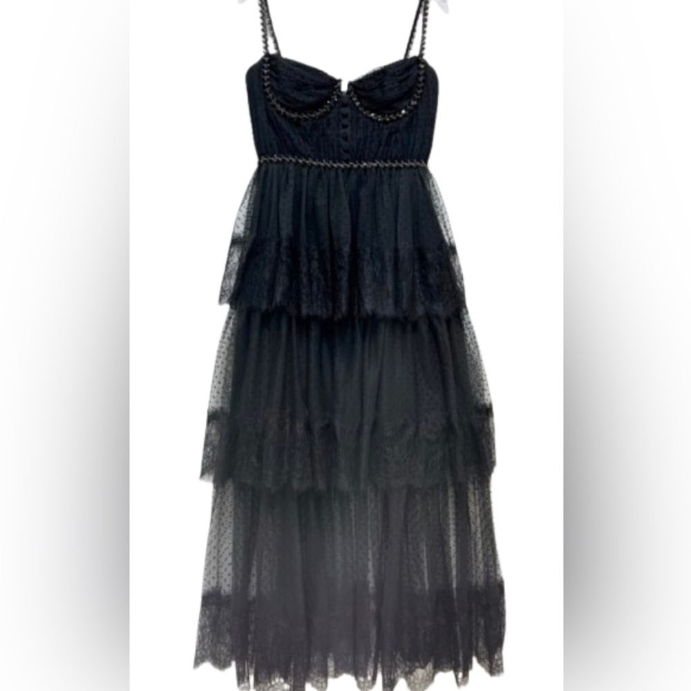 SELF PORTRAIT Dot Mesh Tier MIDI Dress in Black